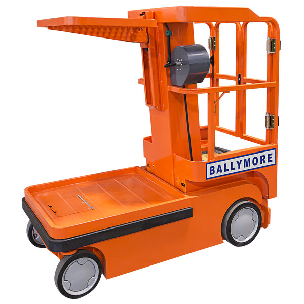 An orange Ballymore merchandise lift with wheels.