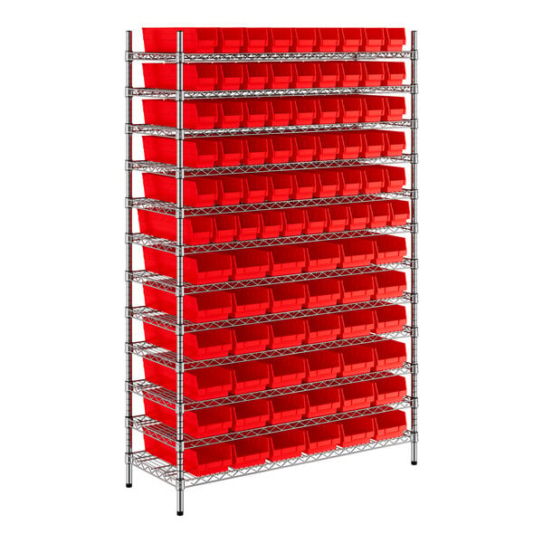 Regency 18" x 48" x 74" Wire Shelving Unit with 91 Red Bins