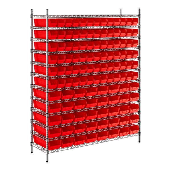 Regency 18" x 60" x 74" Wire Shelving Unit with 118 Red Bins