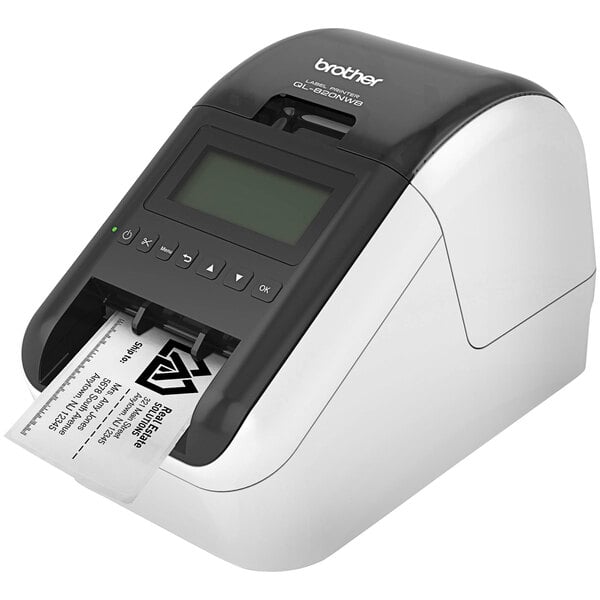 A white and black Brother QL-820NWB label printer.