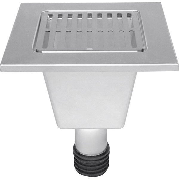 A Zurn stainless steel floor drain with a removable strainer.