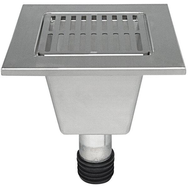 A Zurn stainless steel floor sink liner with a removable strainer over a drain.