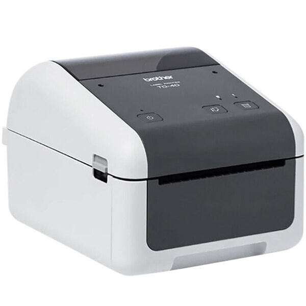 A Brother TD4410D desktop thermal label printer on a white background.
