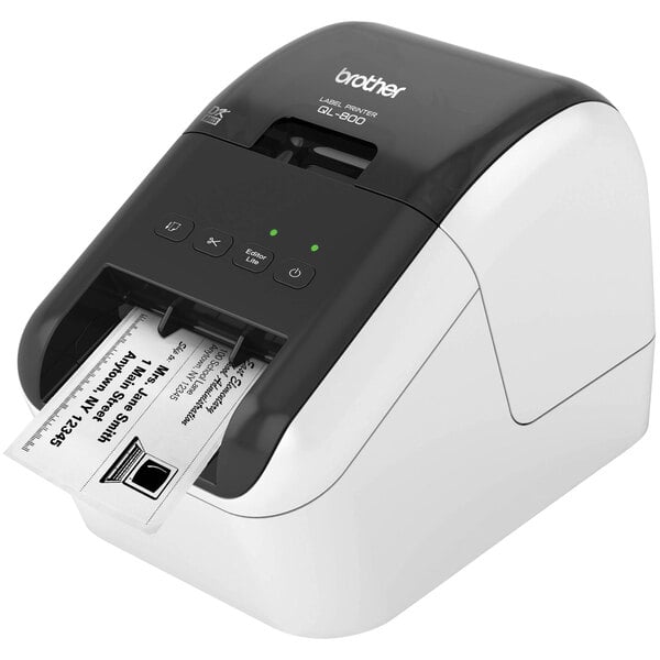 A Brother QL-800 label printer printing a label.