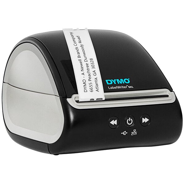 A black and silver DYMO LabelWriter 5XL label printer on a counter with a label on it.