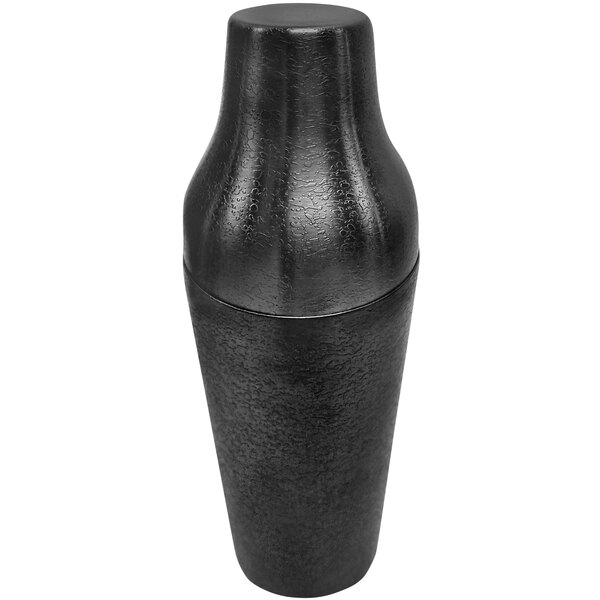 A black cylindrical Tablecraft cocktail shaker with a white lid.