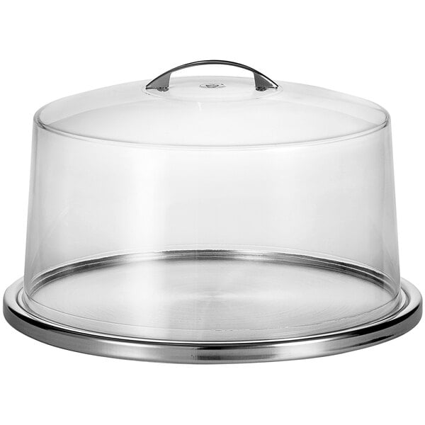 A Tablecraft clear glass cake plate with a clear plastic cover with a silver rim.