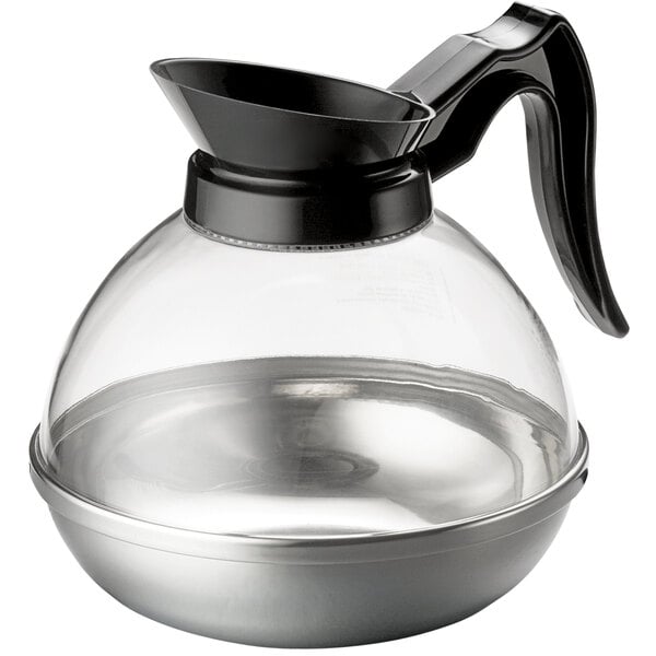 A Tablecraft glass coffee decanter with a black handle.
