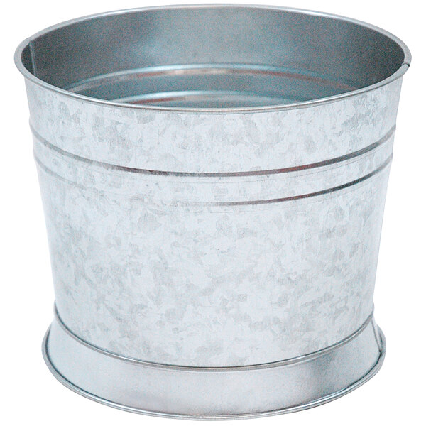 A silver galvanized steel bucket with a handle.