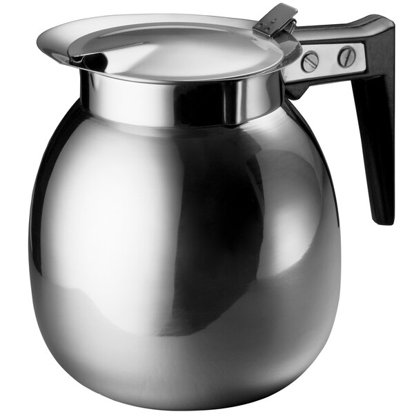 A Tablecraft stainless steel coffee server with black handle.