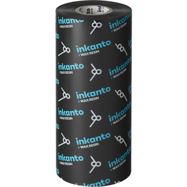 A roll of black Armor Inkanto thermal transfer ribbon with blue and white text on it.