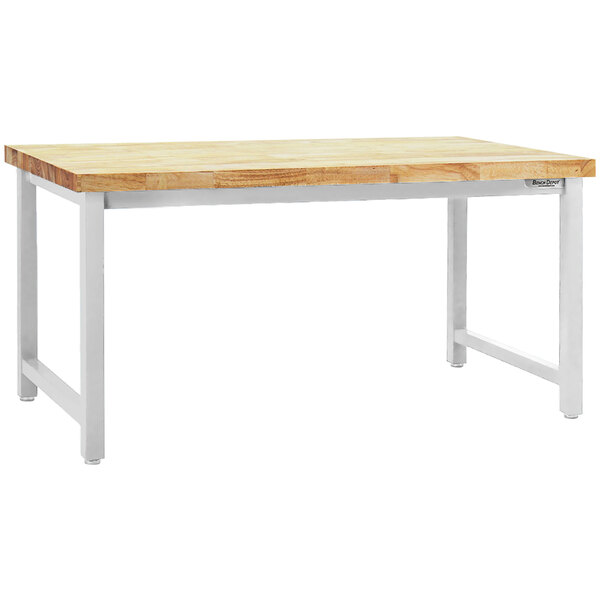 A BenchPro Kennedy workbench with a wooden top and white metal legs.