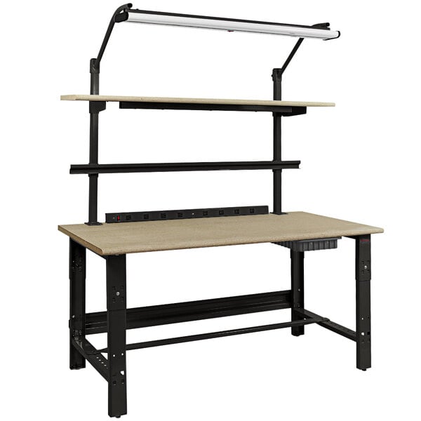 A BenchPro Roosevelt workbench with a light and shelf on the frame.