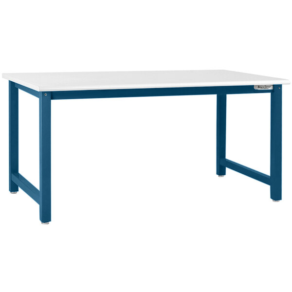 A BenchPro Kennedy Series workbench with a white LisStat laminate top and blue frame.