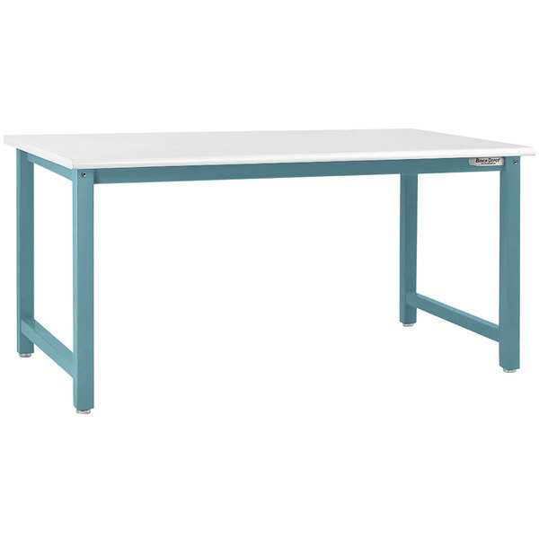 A white and teal BenchPro workbench with a light blue frame.