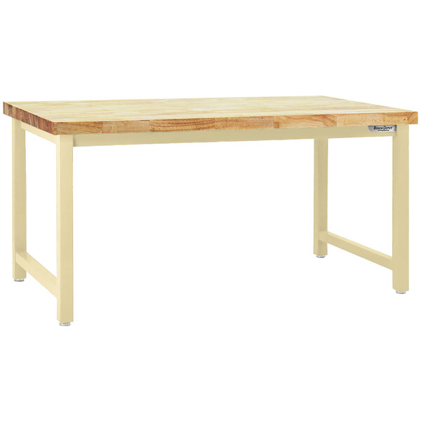 A BenchPro Kennedy workbench with a wooden top and beige legs.