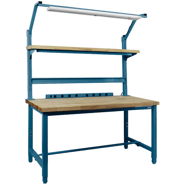 A blue BenchPro workbench with a wooden top and two shelves.