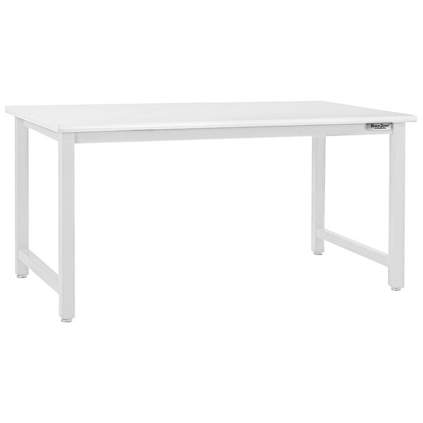 A BenchPro Kennedy workbench with a white surface and white legs.