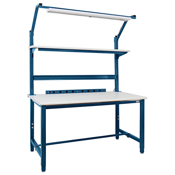 A white and blue BenchPro Kennedy Series workbench with two shelves.