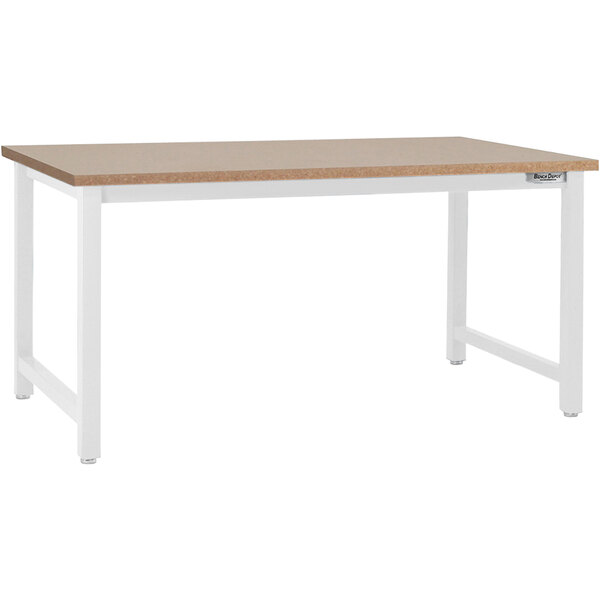 A white workbench with a wooden top.