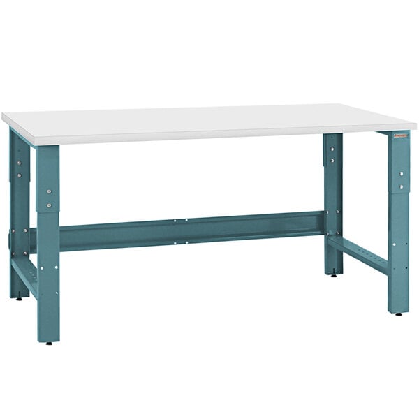 A white rectangular workbench with a blue frame.