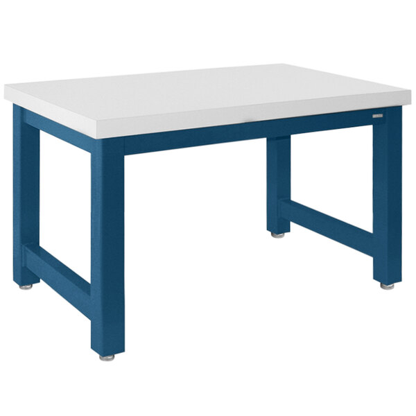 A white workbench with a blue frame and white Formica top.