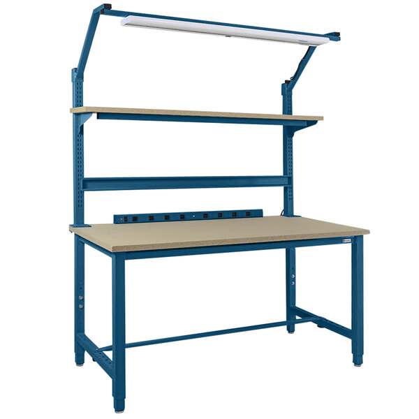 A blue BenchPro Kennedy workbench with a shelf.