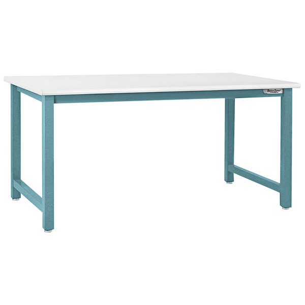 A white rectangular workbench with light blue legs.