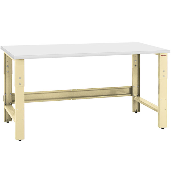 A white rectangular workbench with a beige metal frame and round front edge.