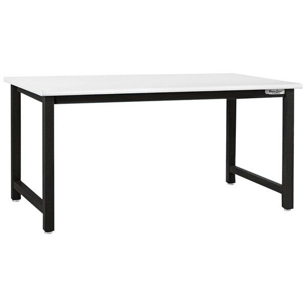 A white BenchPro Kennedy workbench with black legs and round front edge.