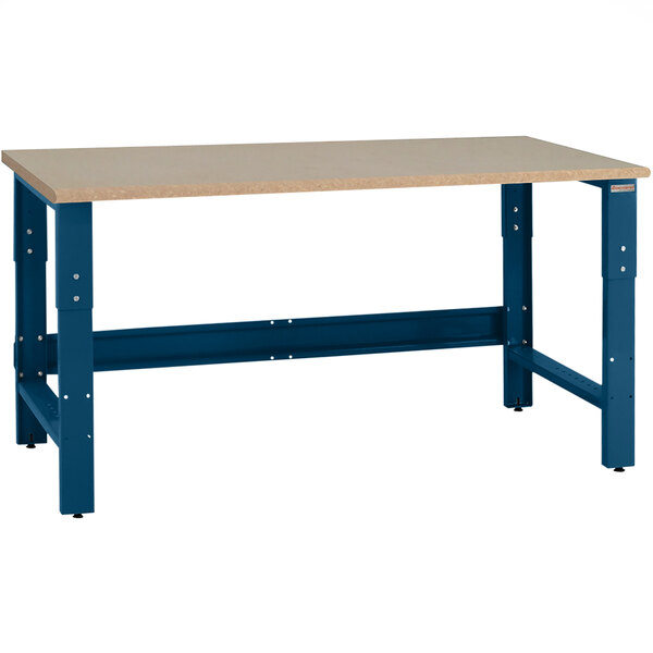 A BenchPro Roosevelt workbench with a wooden top and blue base.