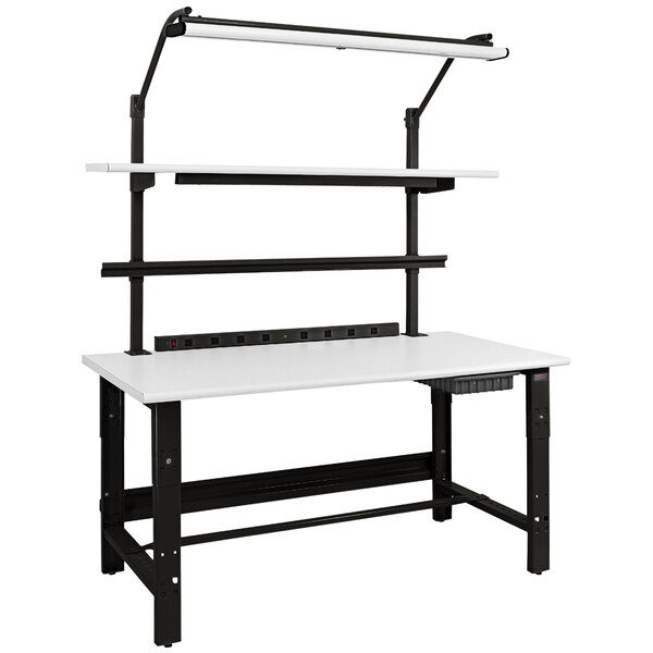 A BenchPro Roosevelt Series workbench with a black frame and white top.