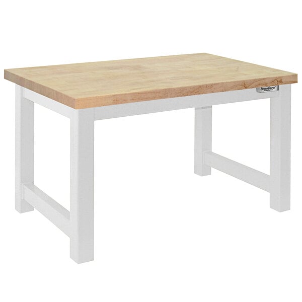 A BenchPro Harding workbench with a white metal base and a wooden butcher block top.