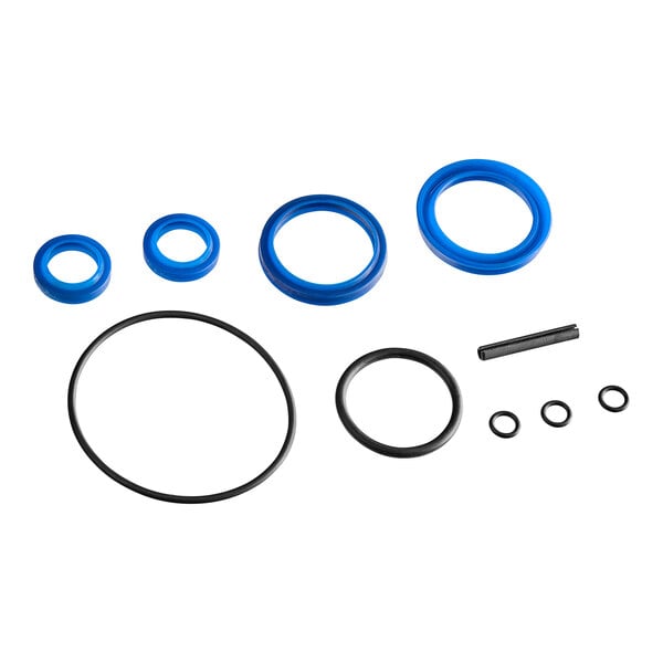A group of blue and black round rubber seals and o-rings.