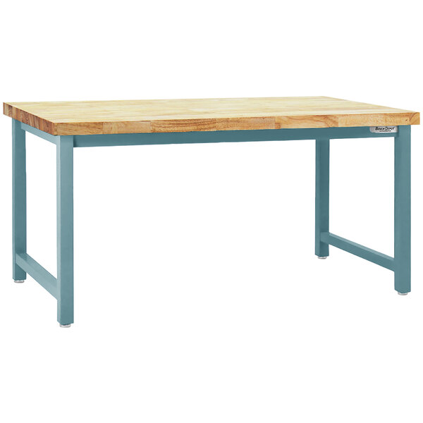 A BenchPro Kennedy workbench with a wooden top and light blue legs.