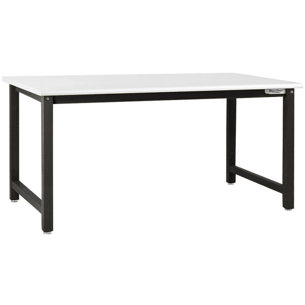A white BenchPro workbench with black legs and round front edge.