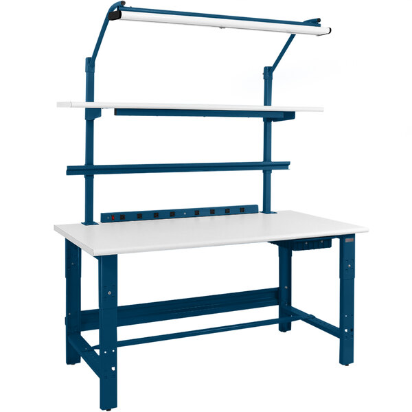 A white and blue BenchPro Roosevelt Series workbench with a dark blue base.