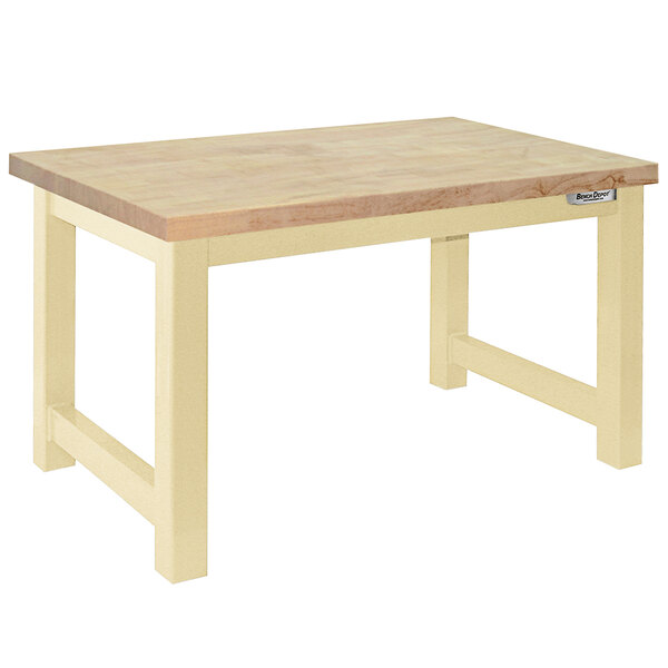 A BenchPro Harding workbench with a wooden butcher block top and beige legs.