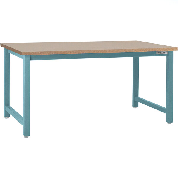 A BenchPro Kennedy workbench with a wooden top and light blue frame.