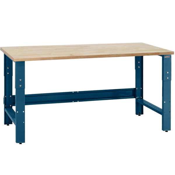 A BenchPro Roosevelt workbench with a maple butcher block top and blue legs.