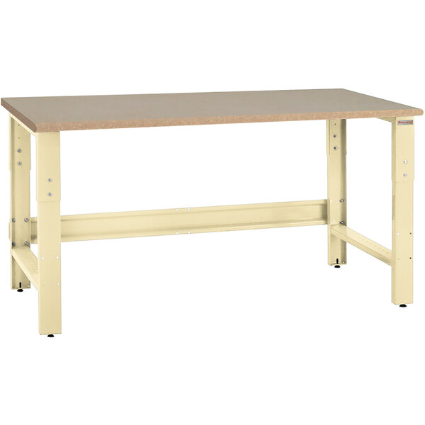 A BenchPro Roosevelt workbench with a wooden top and beige metal legs.
