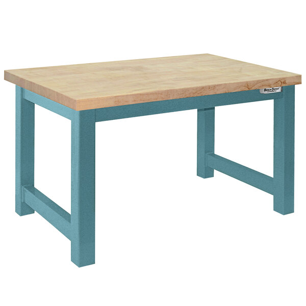 A BenchPro Harding workbench with a light wood butcher block top and light blue frame.