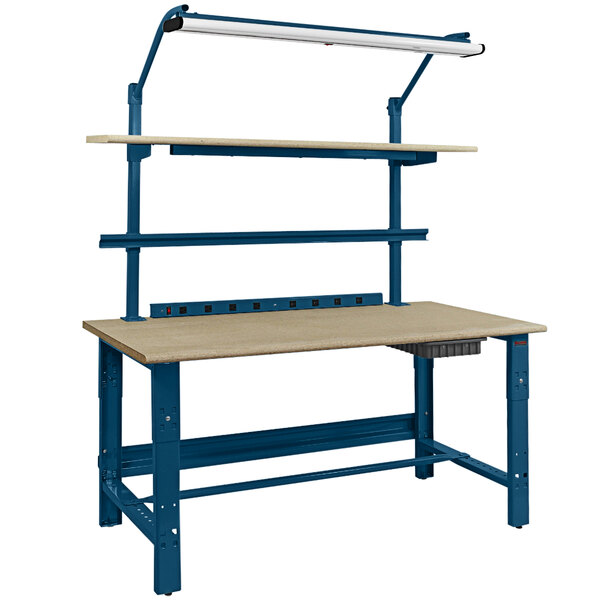 A blue BenchPro workbench with a round front edge and dark blue base.