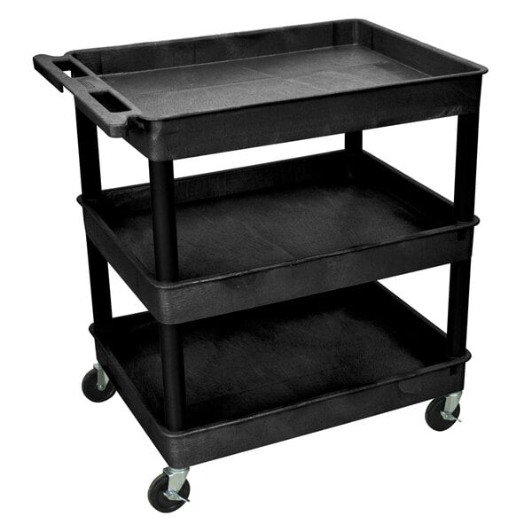 A black Luxor plastic utility cart with three shelves and wheels.