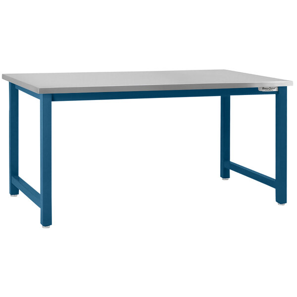 A BenchPro Kennedy stainless steel workbench with a white top and blue legs.