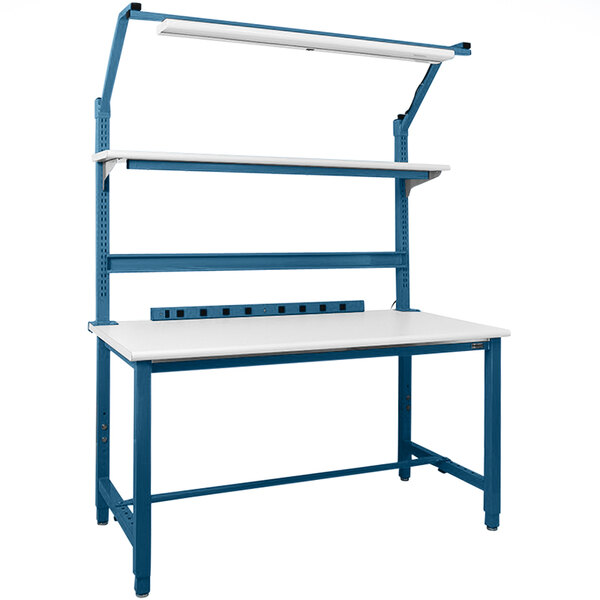 A blue BenchPro Kennedy workbench with a white top.