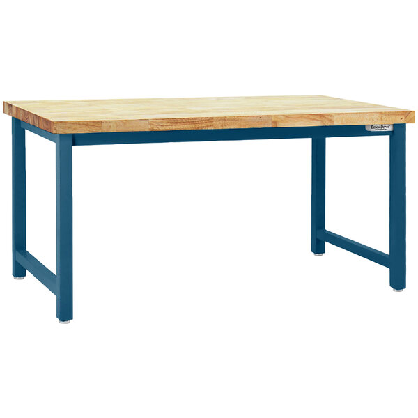 A BenchPro Kennedy workbench with a wooden top and blue legs.