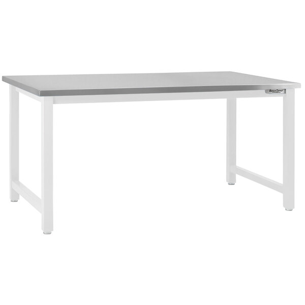 A BenchPro Kennedy stainless steel workbench with a white frame and legs and square cut front edge.