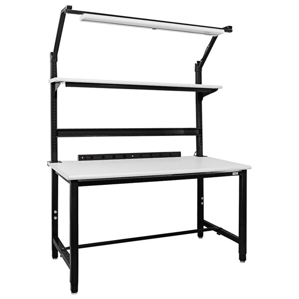 A white and black BenchPro workbench with shelves.