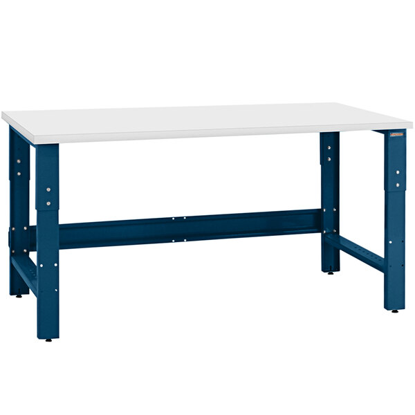 A white workbench with a white and blue top and blue legs.